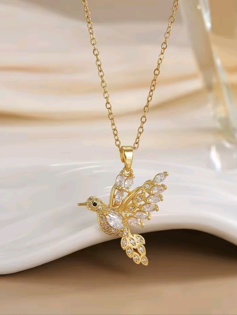 Golden Hummingbird Pendant Necklace Sparkling Marquise Crystal Bird Jewelry